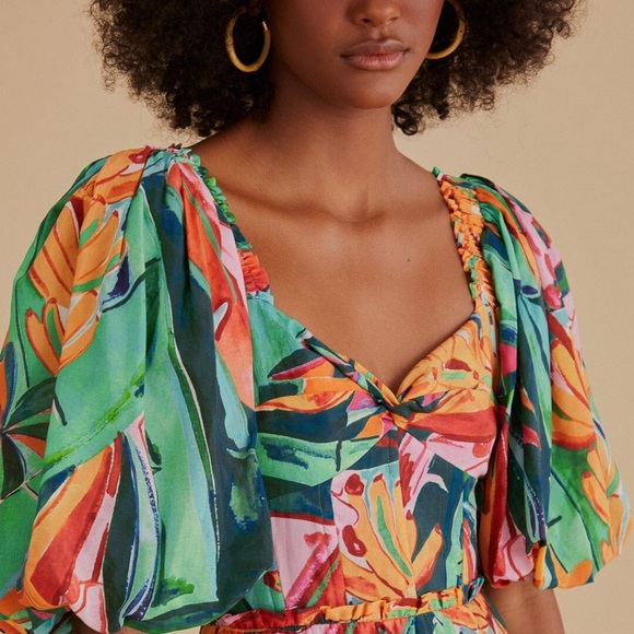 Farm Rio Multicolor Banana Foliage Puff Sleeve Midi Dress - Picture 6 of 12